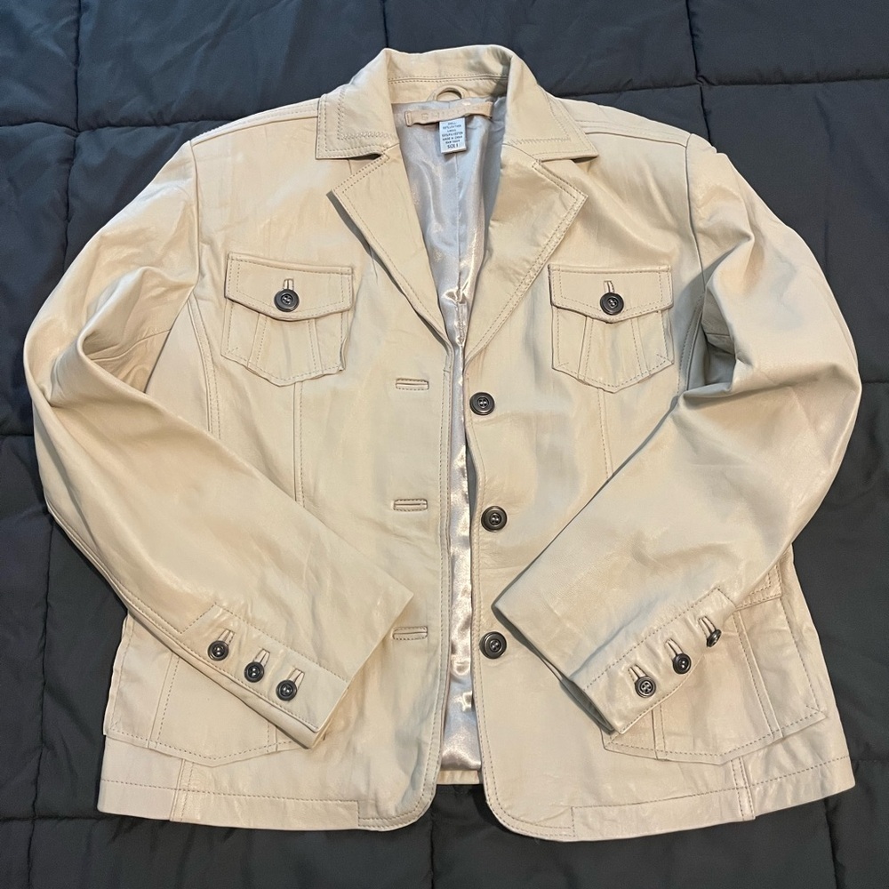 Women’s Cream Leather Jacket - Picture 1 of 9